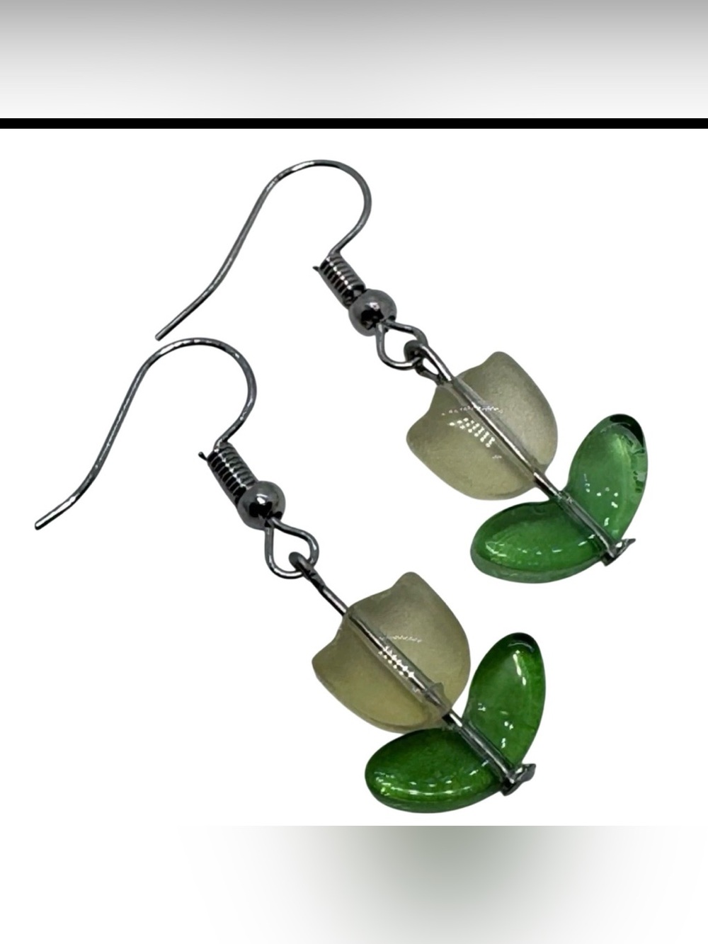 White Lampwork Tulips Flower Handmade Dangle/Fishhook Earrings